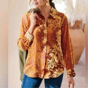SOFT SURROUNDINGS VELVET FLOCKED BROCADE BLOUSE SZ L BOHO ARTSY TOP